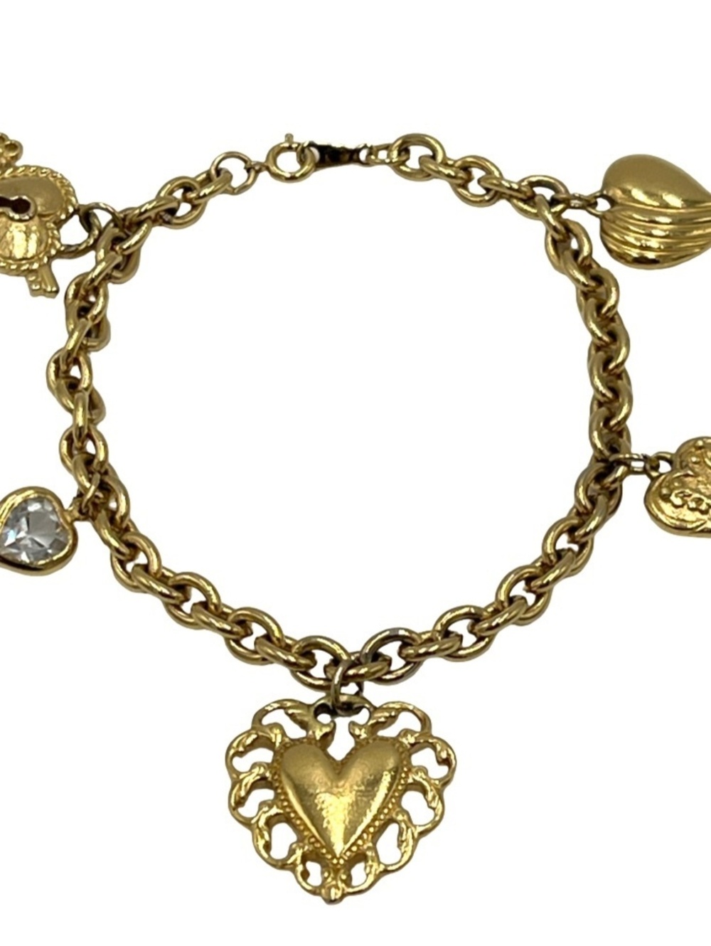 Vintage Avon Lock Rhinestone Heart Charm Bracelet Goldtone
